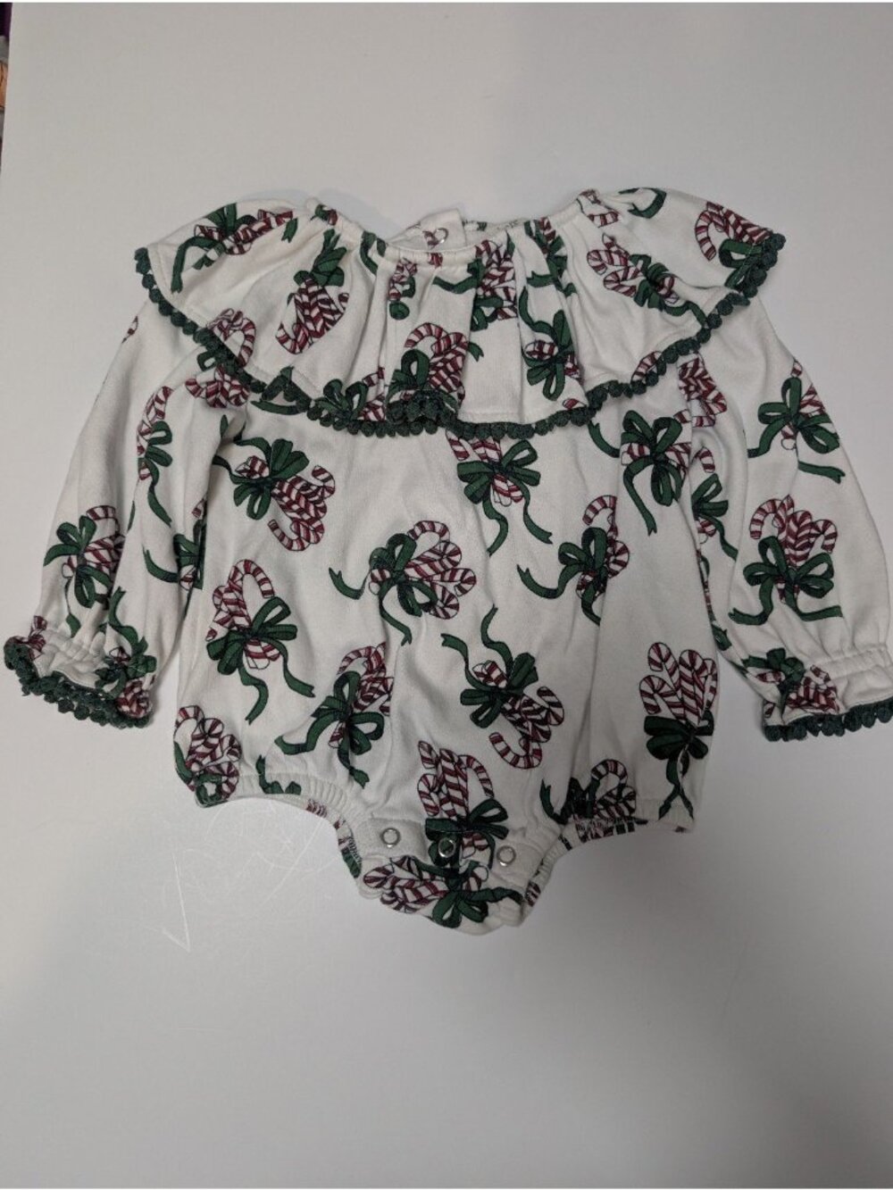 Kate Quinn Organic Cotton Candy Cane Ruffle Bubble 18-24 Christmas Romper